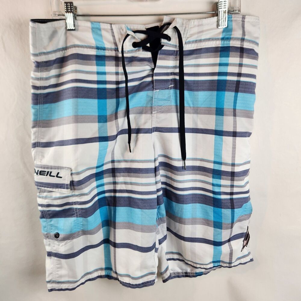 O'Neill Mens Board Shorts Size 34 Blue White Plaid Surf Swim Trunks Pocket